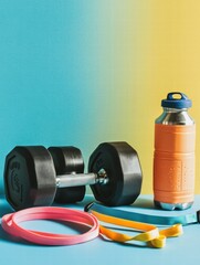 Colorful workout setup with dumbbell water bottle and resistance bands on a gradient background. Generative AI