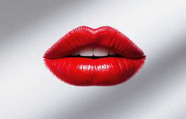 Obraz premium Imprint or print of red lipstick on a white background, isolated. Makeup female lips close up. Concept of love, makeup and beauty. Sexy red lips on white, kiss. Trace of lipstick. 