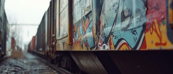 A rusty freight train adorned with graffiti rolls down the tracks, embodying the raw essence of street art and nomadic journey.