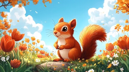 A cute cartoon squirrel stands among colorful flowers under a bright sky.
