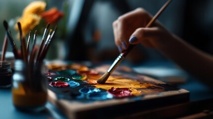 Obraz premium Woman paints on palette, brushes, flowers. Art studio, creative hobby