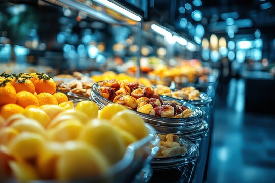 Fresh fruit and pastries displayed in a buffet. Showcase delicious breakfast or brunch options for a hotel or restaurant.