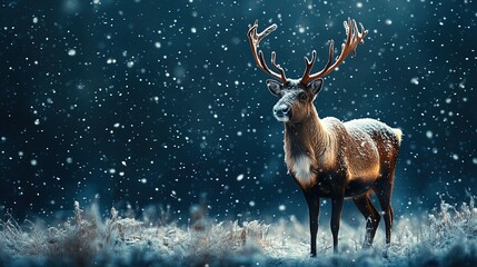 A majestic deer stands in a snowy landscape, surrounded by falling snowflakes.