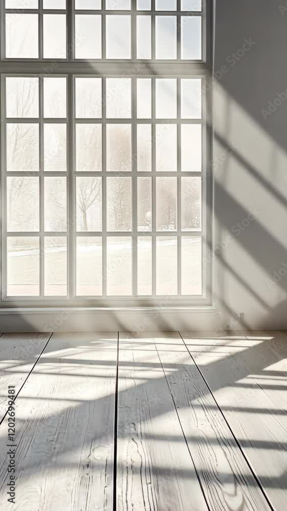 Poster soft sunlight streams through large windows creating serene shadows on the wooden floor