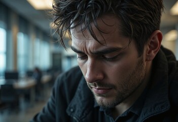 Stressed Caucasian male in office setting looking down with a focused expression, depicting occupational stress.