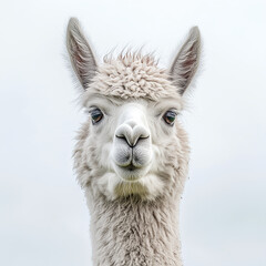 Fototapeta premium Alpaca head looking at the camera, white background, photorealistic, high-resolution photography. 