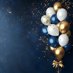 celebratory metallic gold blue white balloons ribbon festive festival holiday celebration birthday background backdrop luxury luxurious confetti scattered sparkles elegant party invitation card ball