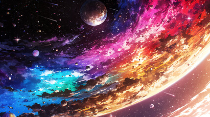 Vibrant cosmic scene depicting colorful galaxies, planets, and swirling clouds in a vast universe