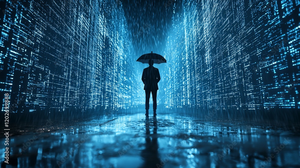 Aufkleber man in suit with umbrella in digital rain.