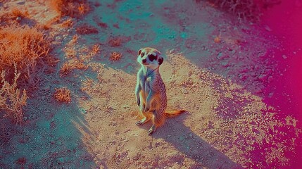   A meerkat standing tall on a dirt ground with a pink and blue filter in the backdrop