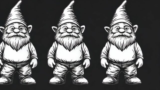 Three whimsical garden gnomes standing in a row with distinct expressions and similar attire against a dark background