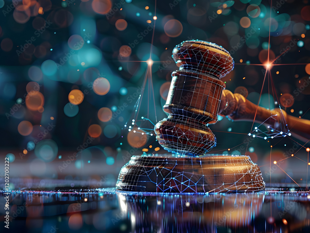 Aufkleber digital gavel and sound block with network graphic overlay