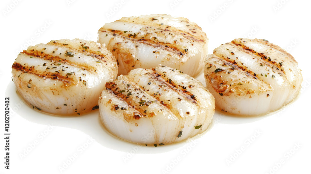 Poster pan seared scallops viewed from above with grill marks generative ai