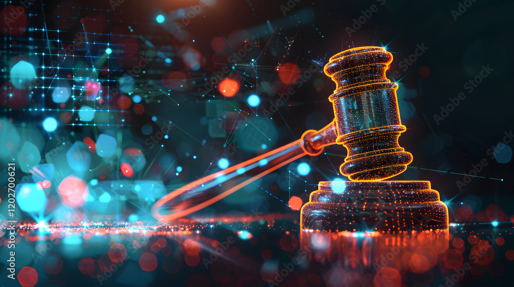 Poster digital gavel with network background