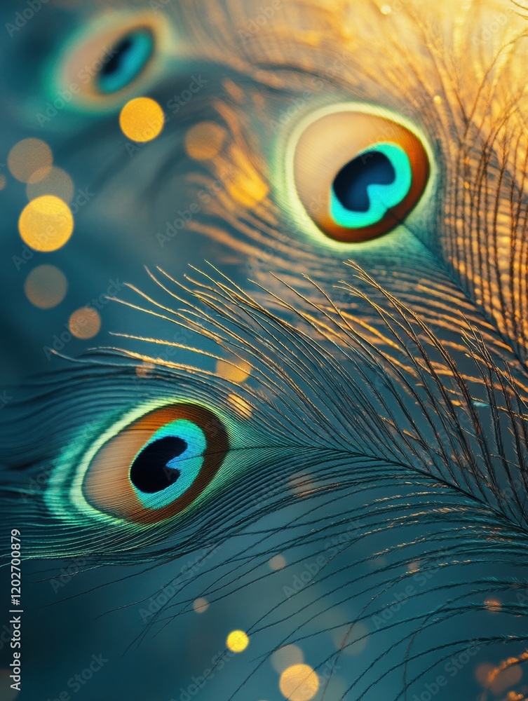 Poster colorful peacock feathers display vibrant patterns with sparkling bokeh effect in a natural setting 