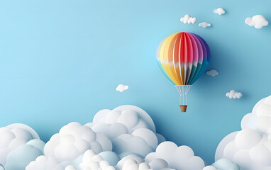 Fototapeta premium Digital Illustration: Rainbow Hot Air Balloon and Clouds