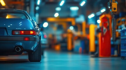 Fototapeta premium Rear view of a classic blue sports car in a garage. Perfect for automotive, repair, or vintage car themes.