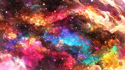 Naklejka premium Colorful cosmic nebula with vibrant hues and starlit background, perfect for digital art and wallpapers