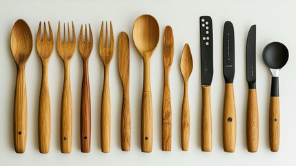 A collection of wooden and black kitchen utensils arranged neatly on a surface.