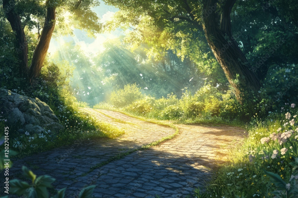 Poster Bright sunlight filters through trees illuminating a winding cobblestone path in a lush green forest during the early morning. Generative AI