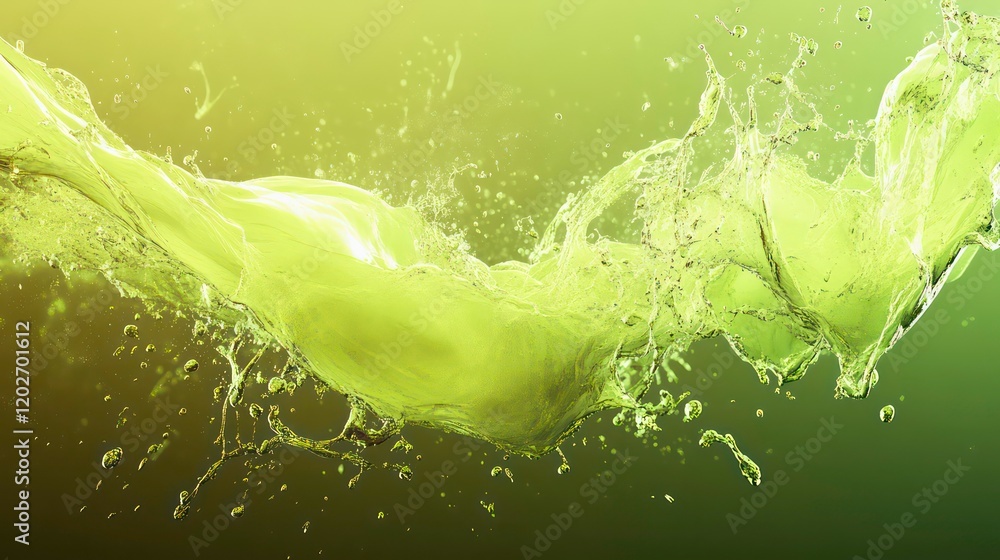 Poster abstract lime green liquid splash, dynamic movement, vibrant color, fluid flow, dynamic texture.