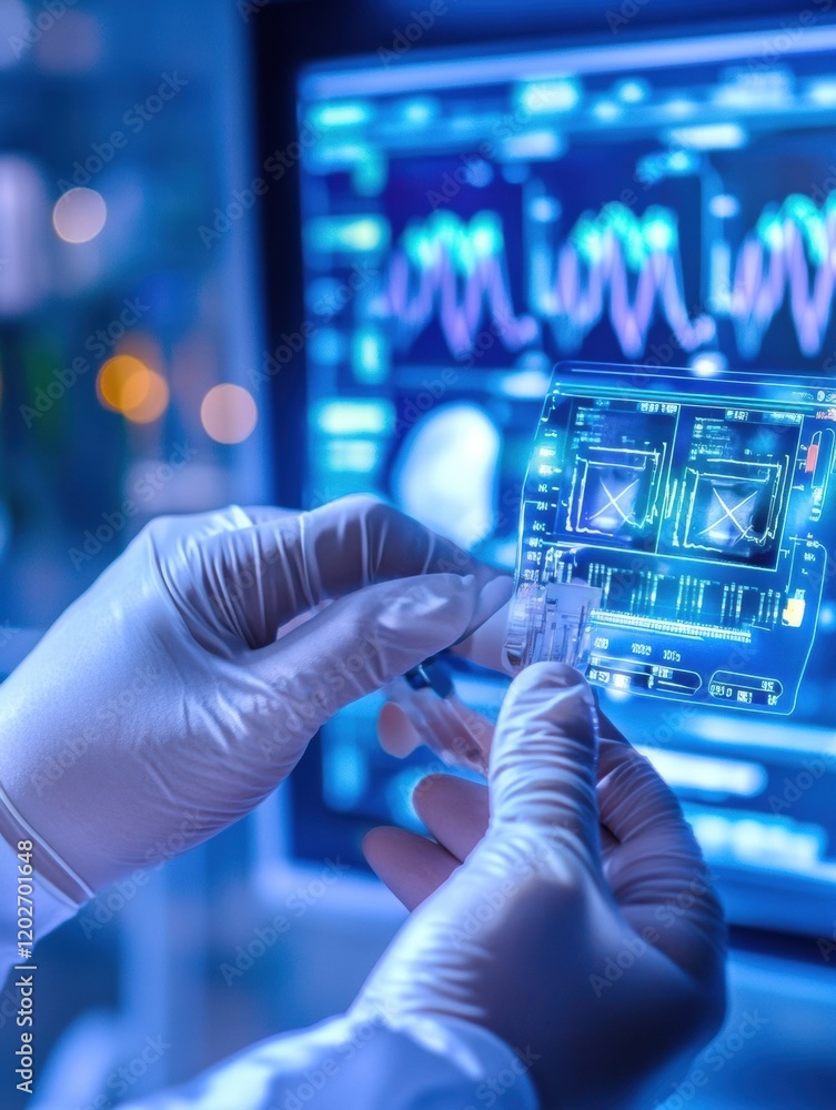 Poster advanced medical technology in a lab with digital display and test results at night. generative ai