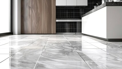 Modern kitchen, marble floor, sleek design, spacious layout, home interior