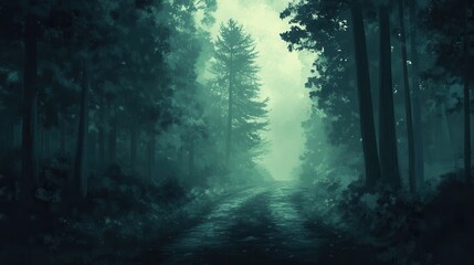 Misty Forest Road Winding Through Tall Trees
