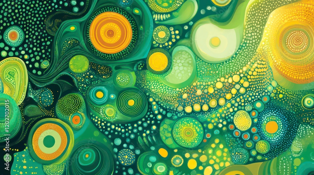 Poster Abstract green and yellow swirling pattern with circles and dots.