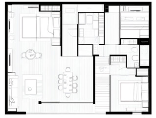 The floor plan of the apartment is drawn in black and white lines, with a simple style that highlights furniture layout and room functionality. The living area has sofa chairs, coffee table, 