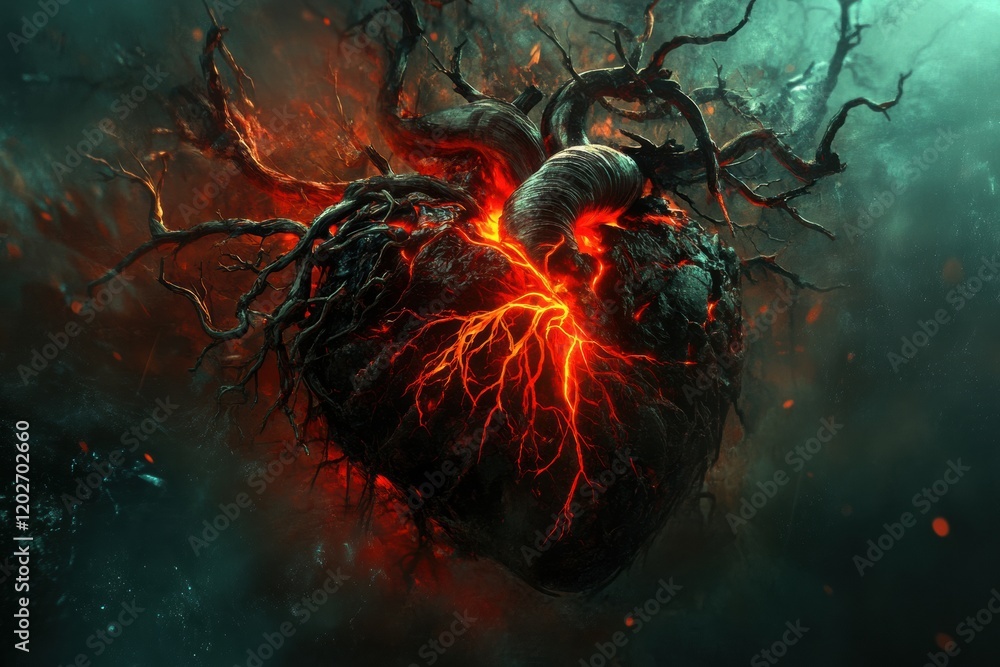 Aufkleber Heart of fire surrounded by dark branches emits glowing lava in a mystical forest setting. Generative AI