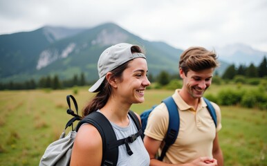 Obraz premium Joyful Young Couple Hiking Together in Scenic Nature, Smiling and Enjoying Each Other's Company Amidst Majestic Mountains and Lush Greenery
