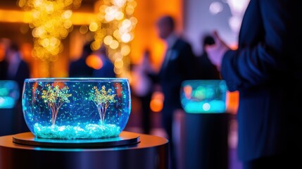 A glowing aquarium centerpiece with illuminated trees, surrounded by blurred figures in a festive setting.