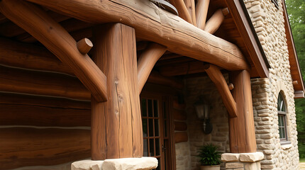 Rustic Log Cabin Exterior: Stone and Timber Architecture Design.  A stunning showcase of handcrafted wooden beams and stonework, creating a charming and inviting home entrance.