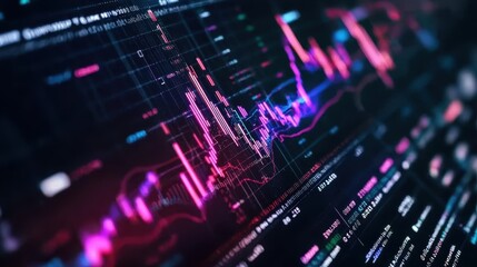 Naklejka premium A vibrant, digital financial chart displaying fluctuating data trends with colorful lines and indicators.