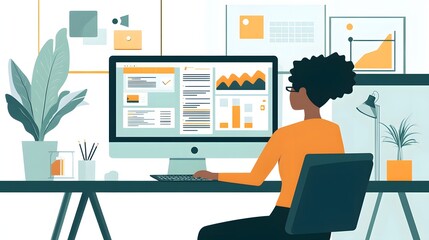 Woman Working at Desk with Computer Data Analysis