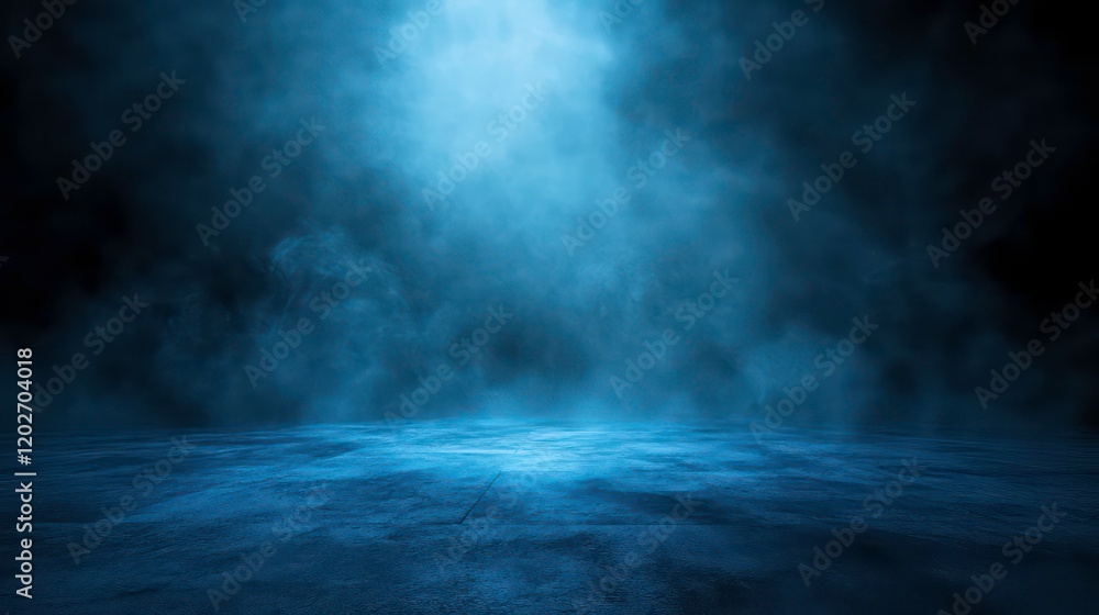 Poster dark blue smoky background with light beam illuminating a textured floor.