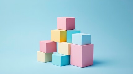 Obraz premium Pastel colored blocks stacked in a pyramid shape against a light blue background.