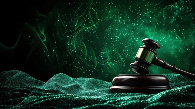 A gavel resting on a textured surface with a green backdrop.