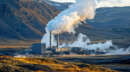 Geothermal Power Station in Rugged Volcanic Landscape Surrounded by Steam and Nature