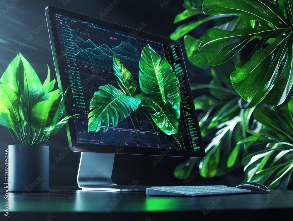 Poster a modern workspace with a monitor displaying data and plants.