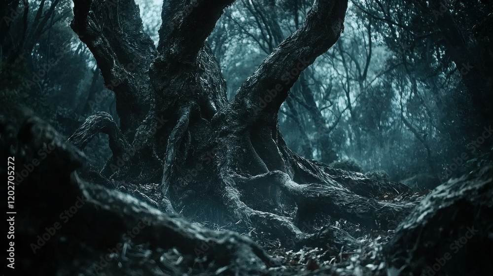 Poster gnarled tree with long curved branches in a misty forest setting