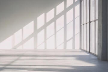 Sunlight streams through large window in minimalist room.