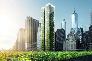 Fototapeta premium A futuristic vertical farm within a glass skyscraper in a city skyline,