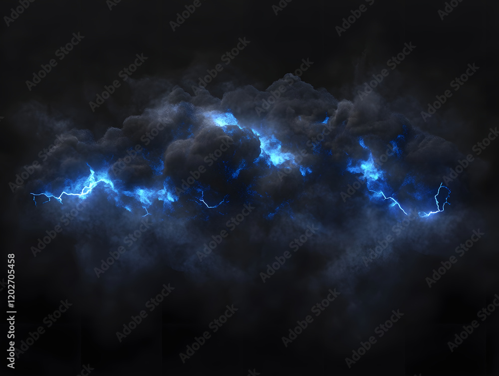 Poster digital rendering of blue lightning in dark clouds