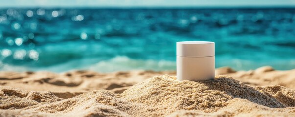 A skin cream jar set on sandy beach with ocean view.