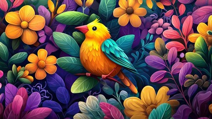 Fototapeta premium A vibrant depiction of a sunbird perched atop a blooming tree against a backdrop of azure heavens