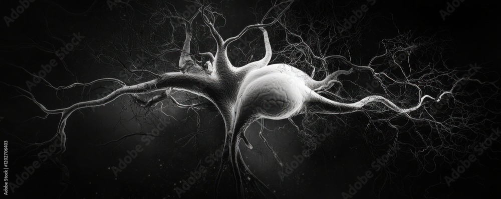Poster abstract depiction of a neuron cell with intricate connections.