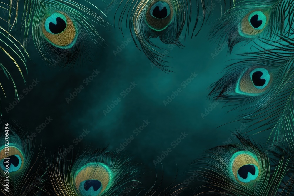 Poster colorful peacock feathers arranged in a circular pattern create a striking visual display on a dark 