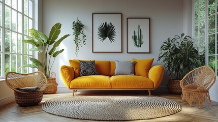 A cozy living room featuring a bright yellow sofa and various indoor plants.